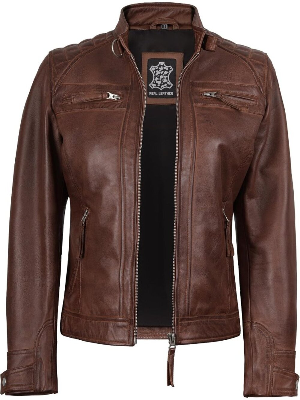 Women’s Brown Leather Cafe Racer Motorcycle Biker Jacket